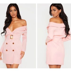 PrettyLittleThing Bardot Tortoise Button Dress